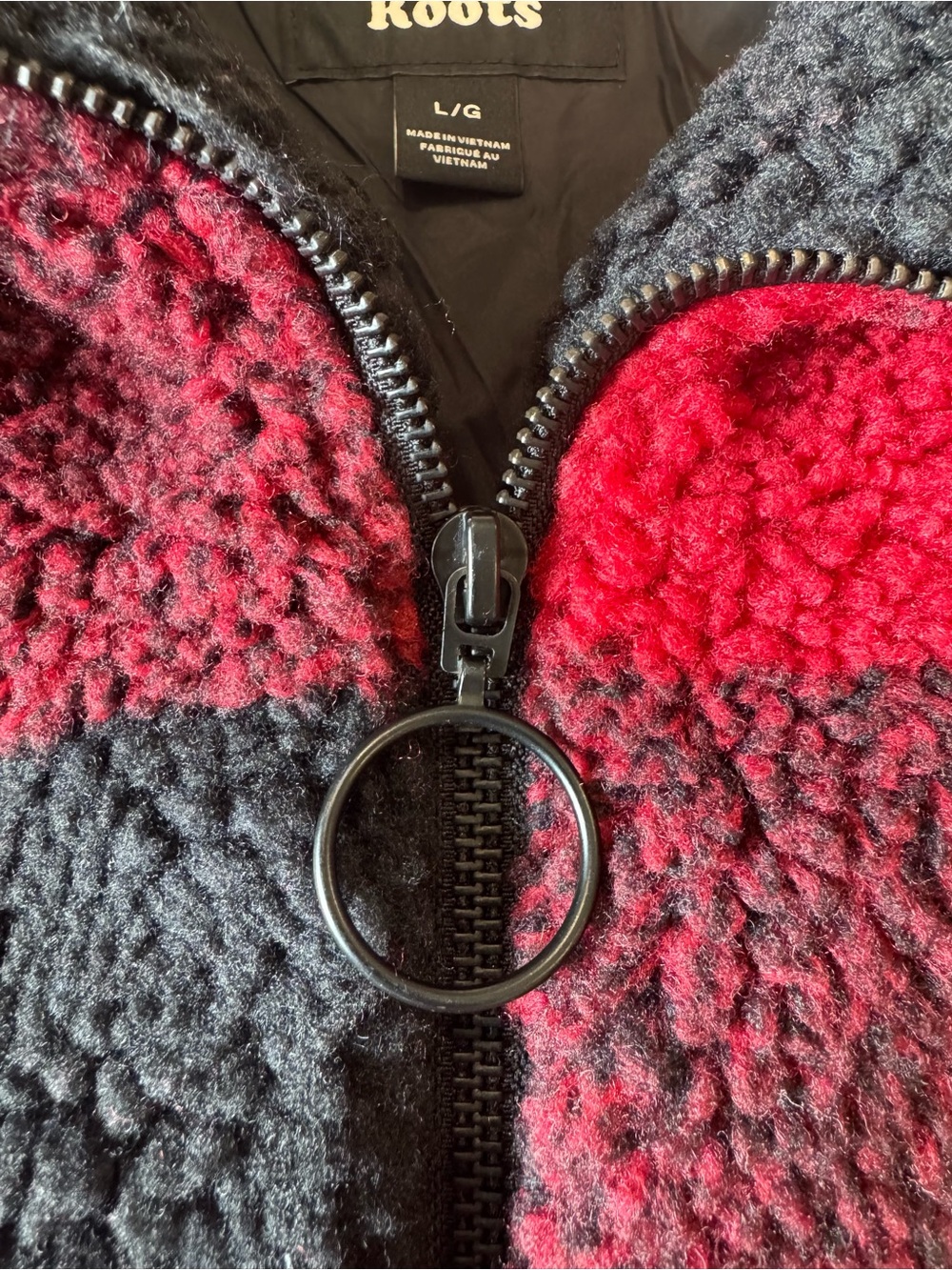 Roots Buffalo Plaid Sherpa Jacket Red Black Oversized Full Zip Size L - Picture 5 of 11